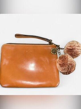 Patricia Nash Tan Leather Wristlet Clutch with Pom-Pom Charm